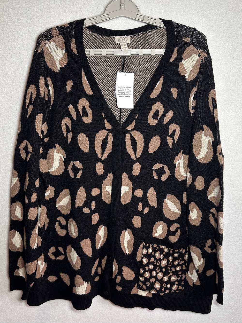 LOGO Lori Goldstein Cardigan Sweater 1X Black Brown Animal Print Buttons New
